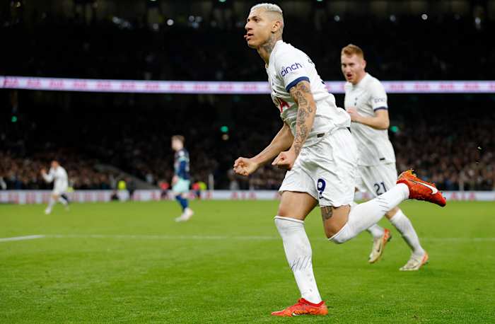 Richarlison pictured celebrating after scoring a goal for Tottenham in a 3-2 win over Brentford in January 2024